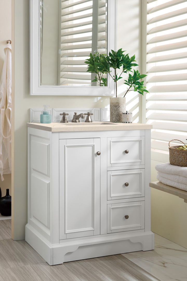 De Soto 30" Single Vanity, Bright White w/ 3 CM Eternal Marfil Silestone Top