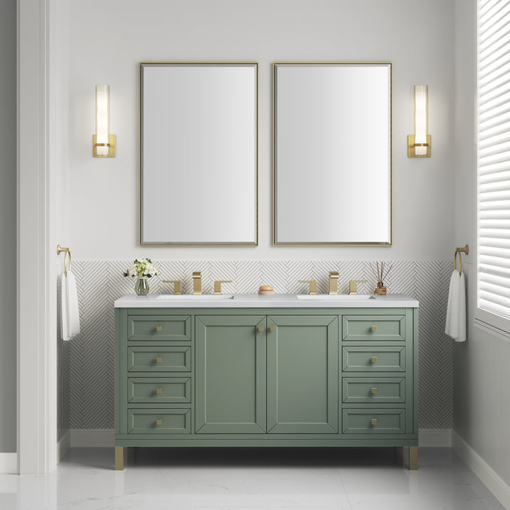 Chicago 60" Double Vanity, Smokey Celadon, w/ 3 CM White Zeus Silestone® Top