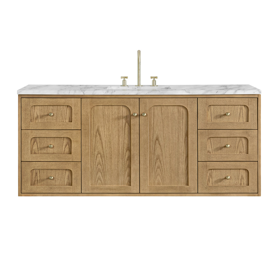 Laurent 60" Single Vanity, Light Natural Oak, w/ 3 CM Carrara Marble Top