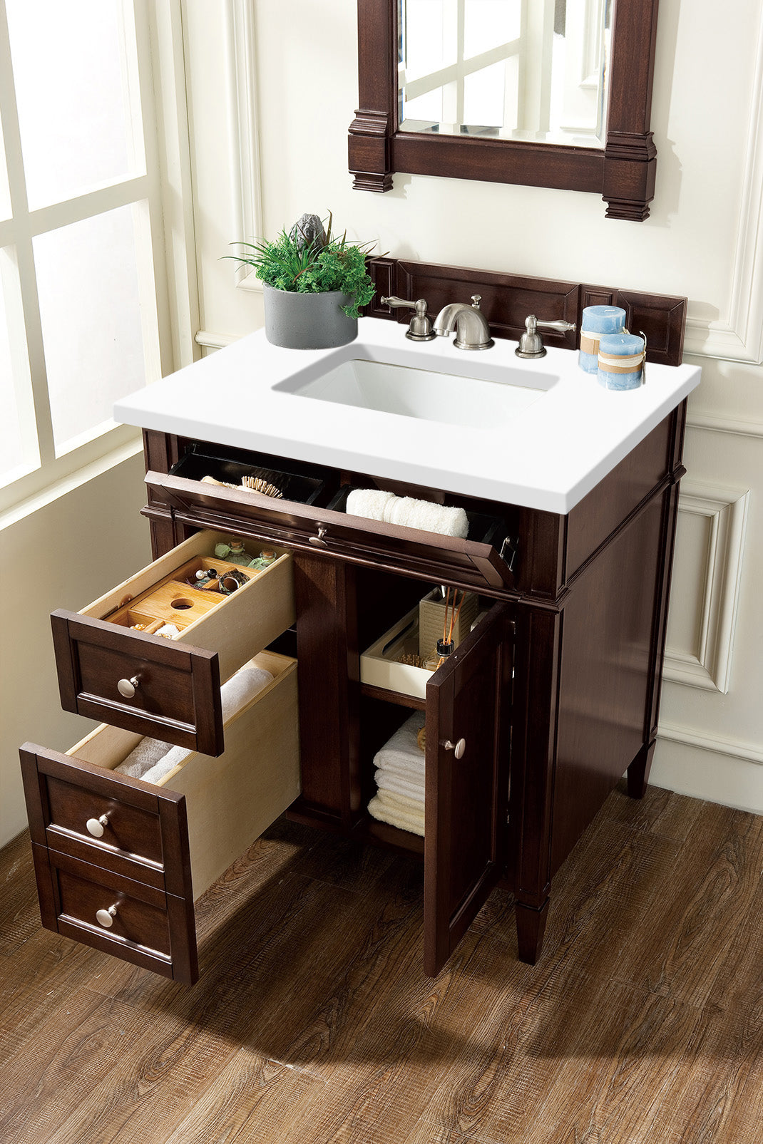 Brittany 30" Single Vanity, Burnished Mahogany, w/ 3 CM White Zeus Silestone Top