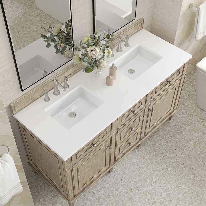 Lorelai 60" Double Vanity, Whitewashed Oak w/ 3 CM White Zeus Silestone Top