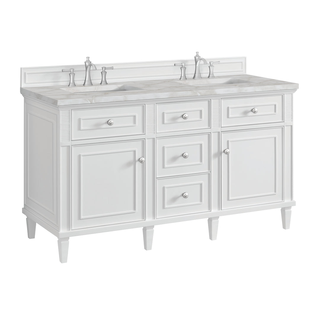 Lorelai 60" Double Vanity, Bright White w/ 3 CM Victorian Silver Silestone Top
