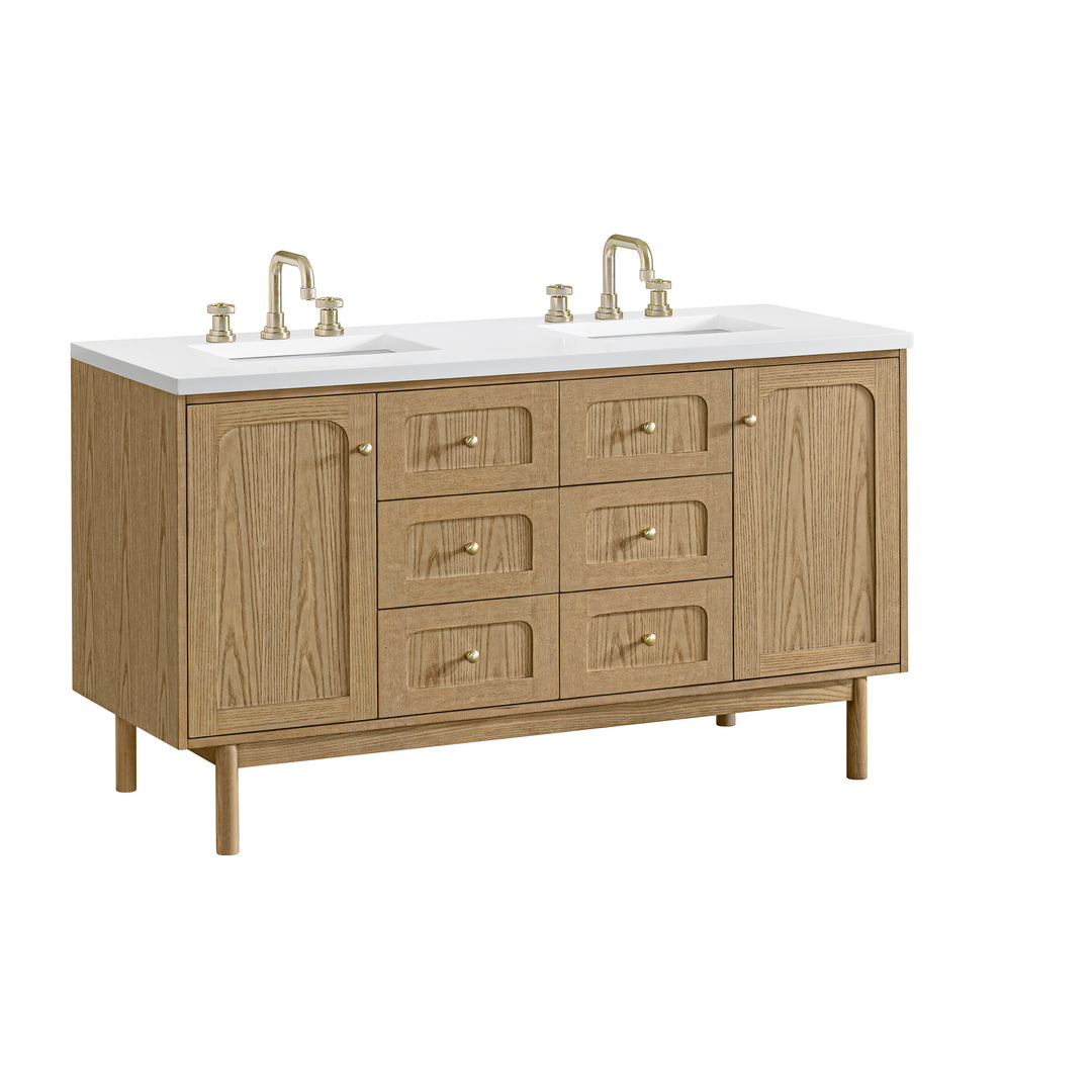 Laurent 60" Double Vanity, Light Natural Oak, w/ 3 CM White Zeus Quartz Top