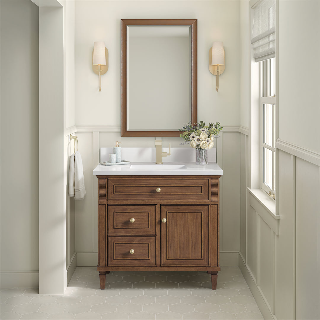 Lorelai 36" Single Vanity, Mid-Century Walnut w/ Single Hole 3 CM White Zeus Silestone Top & Backsplash
