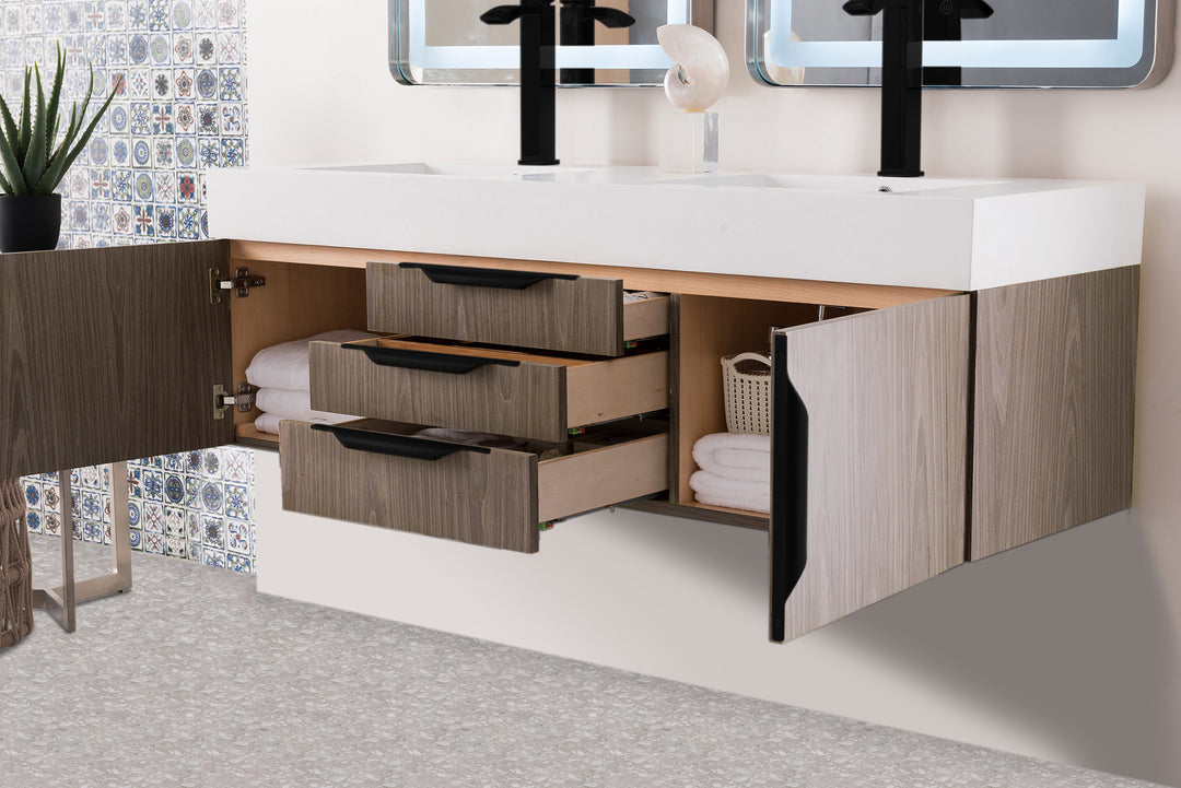 Columbia 59" Double Wall Mount Vanity, Ash Gray, Matte Black w/ Glossy White Composite Stone Top