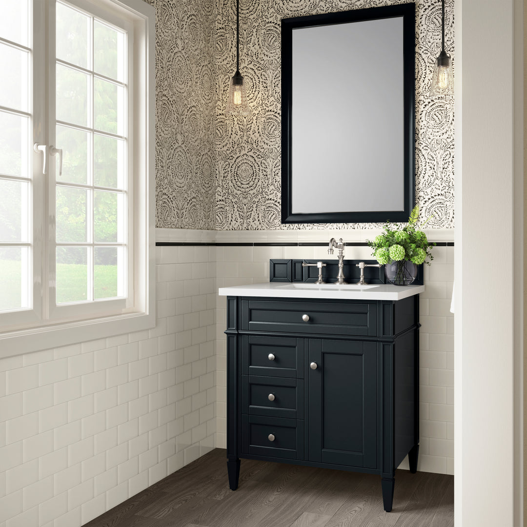 Brittany 30" Single Vanity, Black Onyx, w/ 3 CM White Zeus Silestone Top