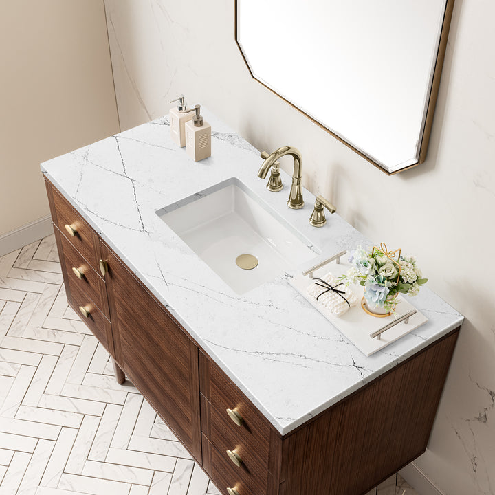Amberly 48" Single Vanity, Mid-Century Walnut w/ 3 CM Ethereal Noctis Top w/FreePower Wireless Charger