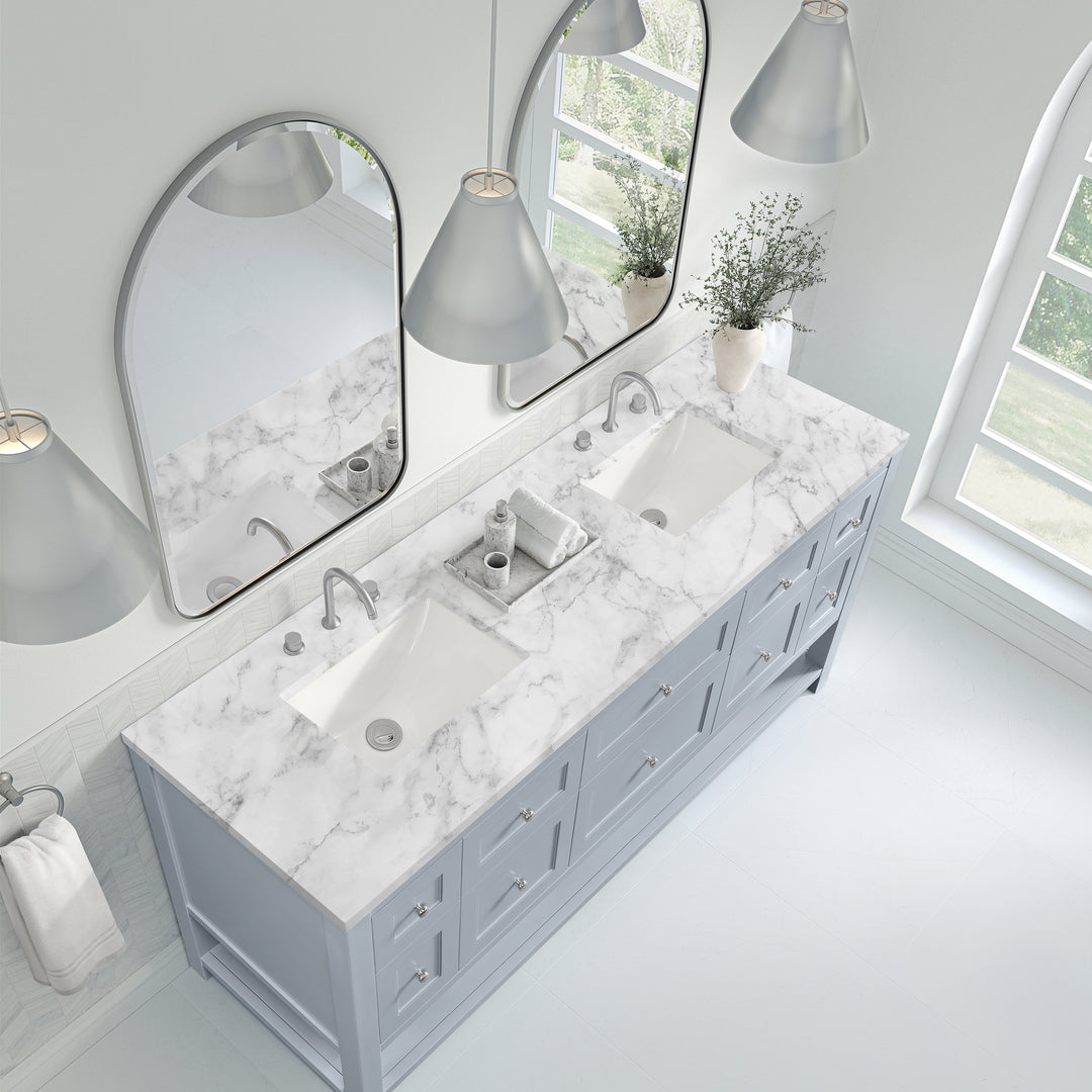 Breckenridge 72" Double Vanity, Serenity Blue, w/ 3 CM Carrara Marble Top