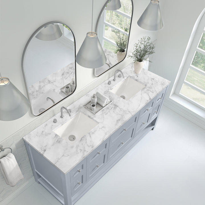 Breckenridge 72" Double Vanity, Serenity Blue, w/ 3 CM Carrara Marble Top