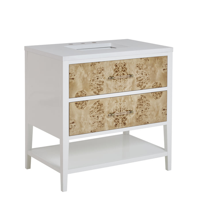 Olena 36" Single Vanity, Light Mappa Burl and Polished White