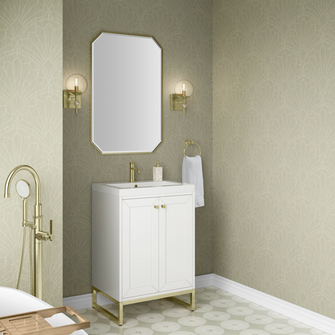 Chianti 24" Single Vanity, Glossy White, Champagne Brass, w/ White Glossy Composite Stone Top