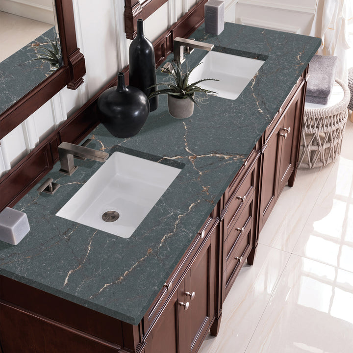 Brittany 72" Double Vanity, Burnished Mahogany w/ 3 CM Parisien Bleu Silestone Top w/FreePower Wireless Charger
