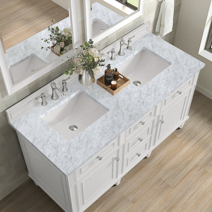 Lorelai 60" Double Vanity, Bright White w/ 3 CM Carrara White Marble Top