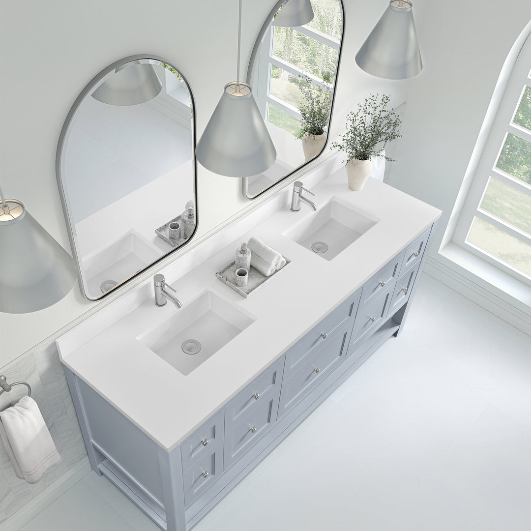 Breckenridge 72" Double Vanity, Serenity Blue, w/ Double Hole 3 CM White Zeus Quartz Top & Backsplash