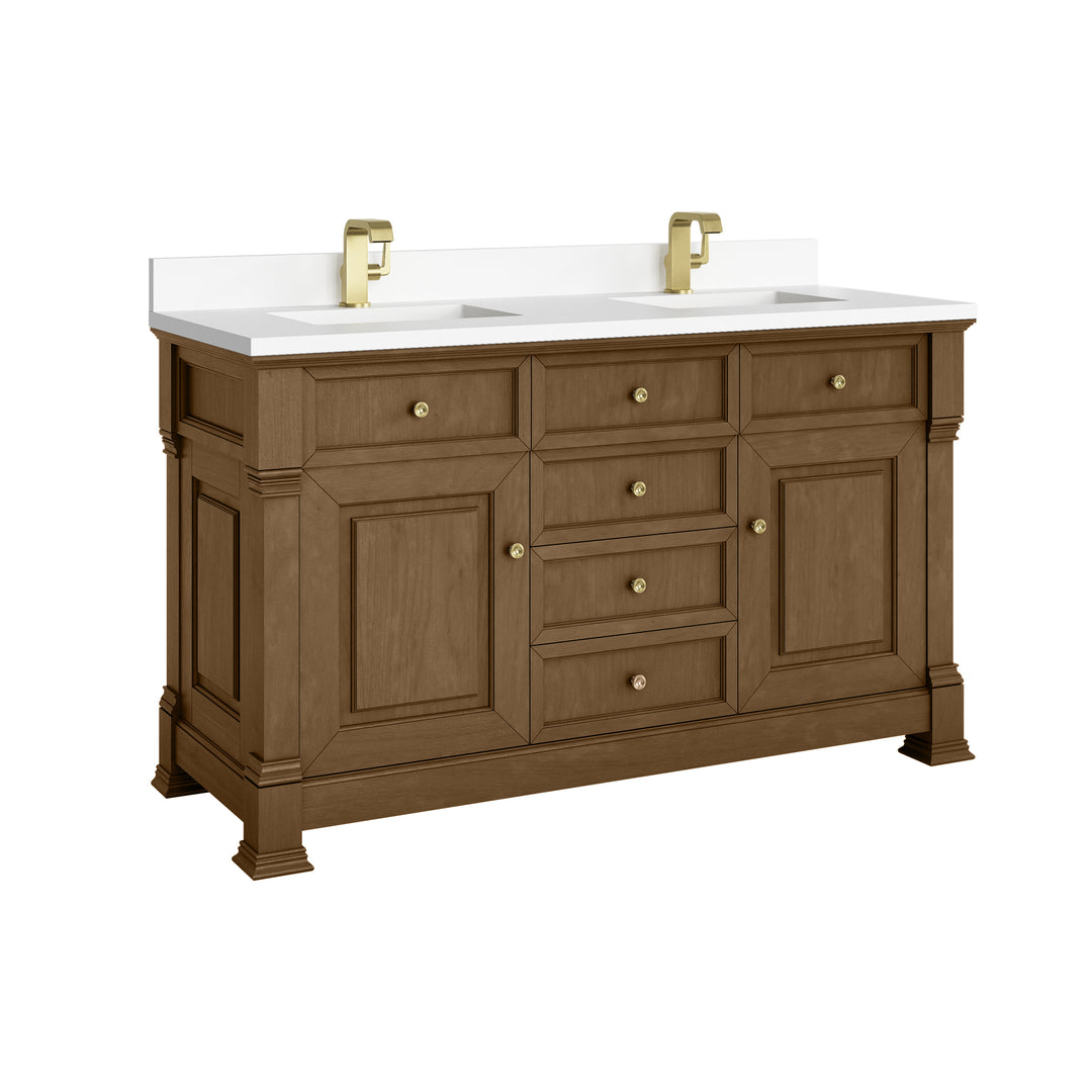 Brookfield 60" Double Vanity, Honey Oak w/ Single Hole 3 CM White Zeus Silestone® Top & Backsplash