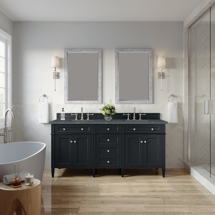 Brittany 72" Double Vanity, Black Onyx w/ 3 CM Parisien Bleu Silestone Top