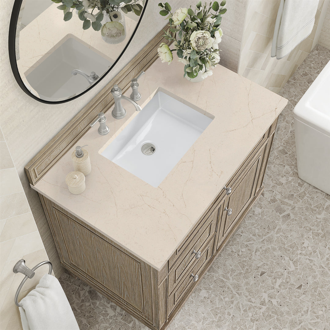 Lorelai 36" Single Vanity, Whitewashed Oak w/ 3 CM Eternal Marfil Silestone Top
