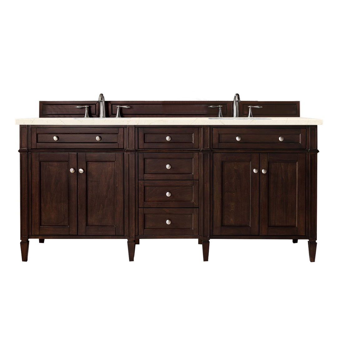 Brittany 72" Double Vanity, Burnished Mahogany w/ 3 CM Eternal Marfil Silestone Top