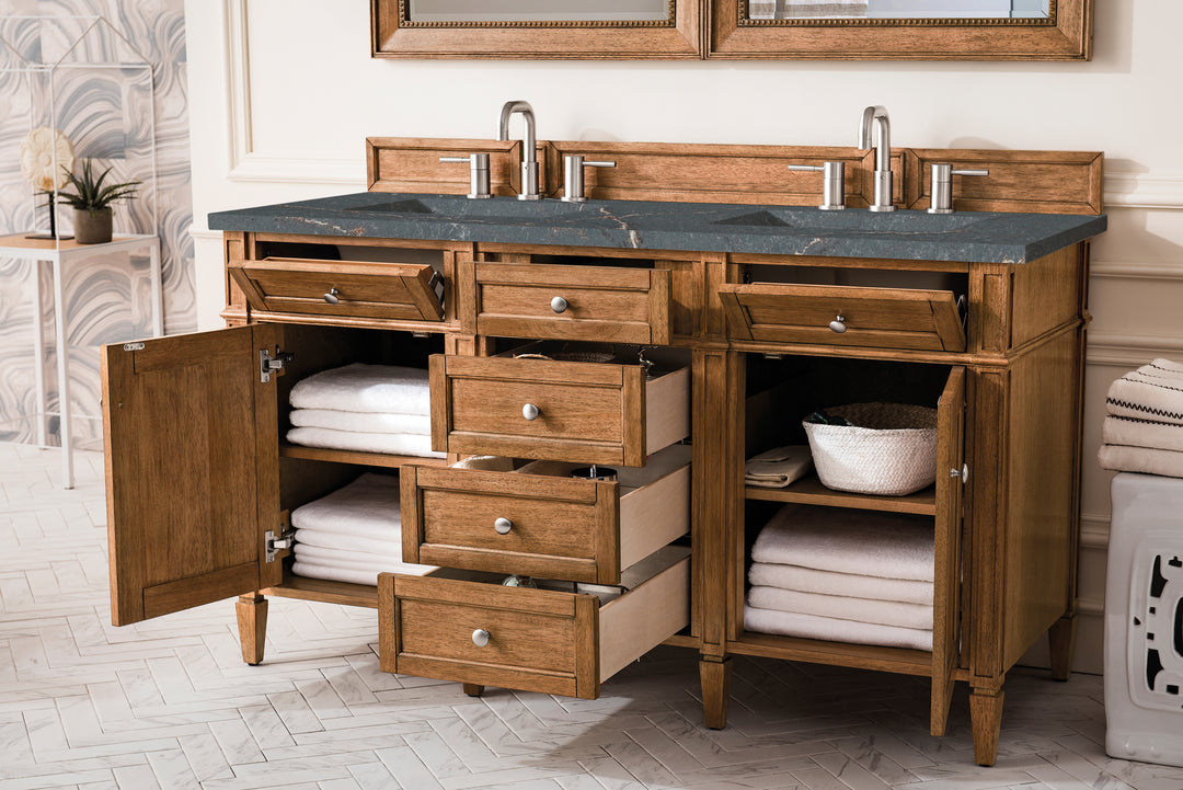 Brittany 60" Double Vanity, Saddle Brown w/ 3 CM Parisien Bleu Silestone Top