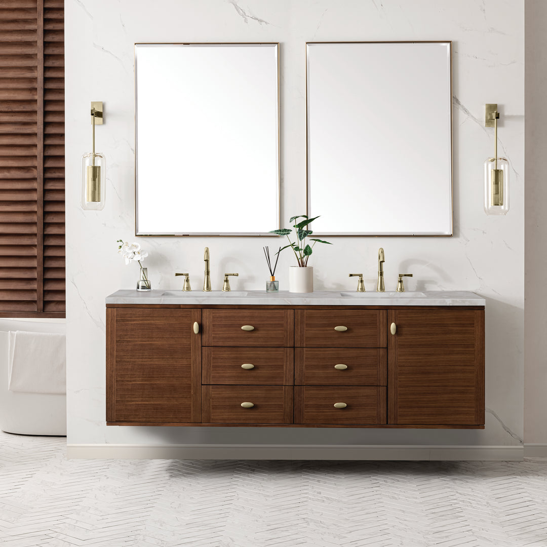 Amberly 72" Double Vanity, Mid-Century Walnut w/ 3 CM Victorian Silver Top w/FreePower Wireless Charger