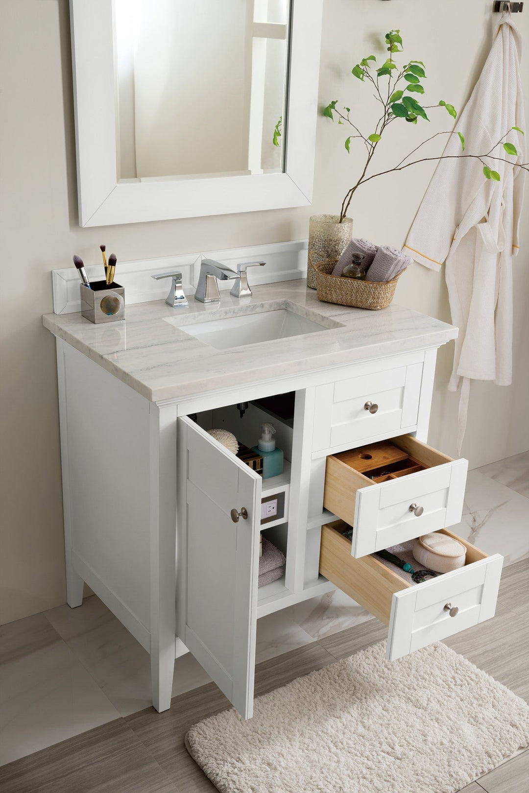 Palisades 36" Single Vanity, Bright White w/ 3 CM Arctic Fall Solid Surface Top