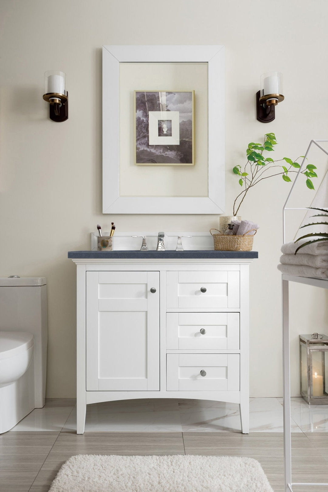 Palisades 36" Single Vanity, Bright White w/ 3 CM Charcoal Soapstone Silestone Top
