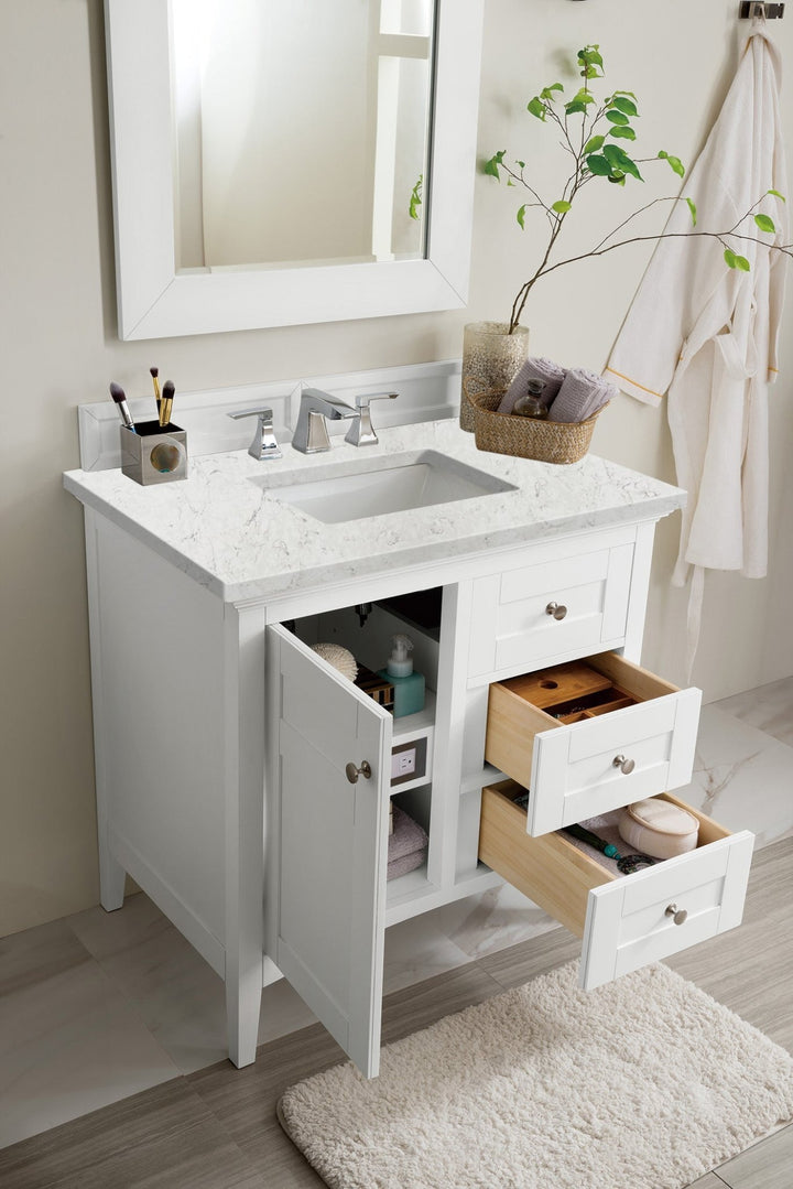 Palisades 36" Single Vanity, Bright White w/ 3 CM Eternal Jasmine Pearl Silestone Top