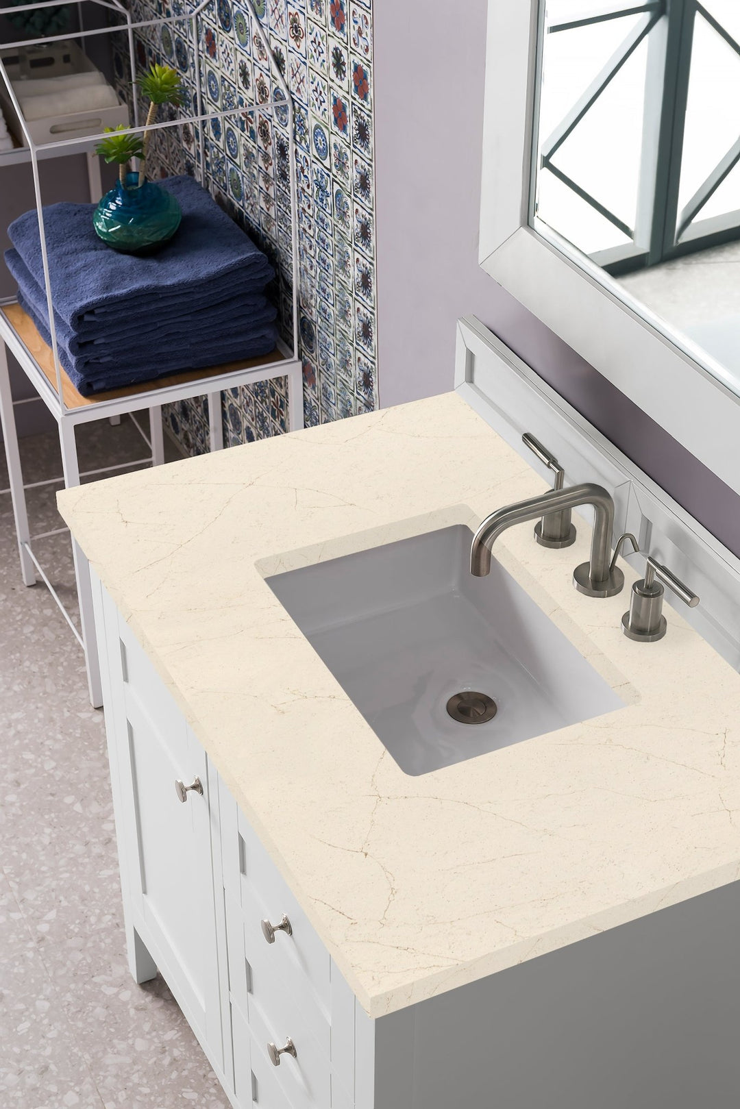 Palisades 36" Single Vanity, Bright White w/ 3 CM Eternal Marfil Silestone Top