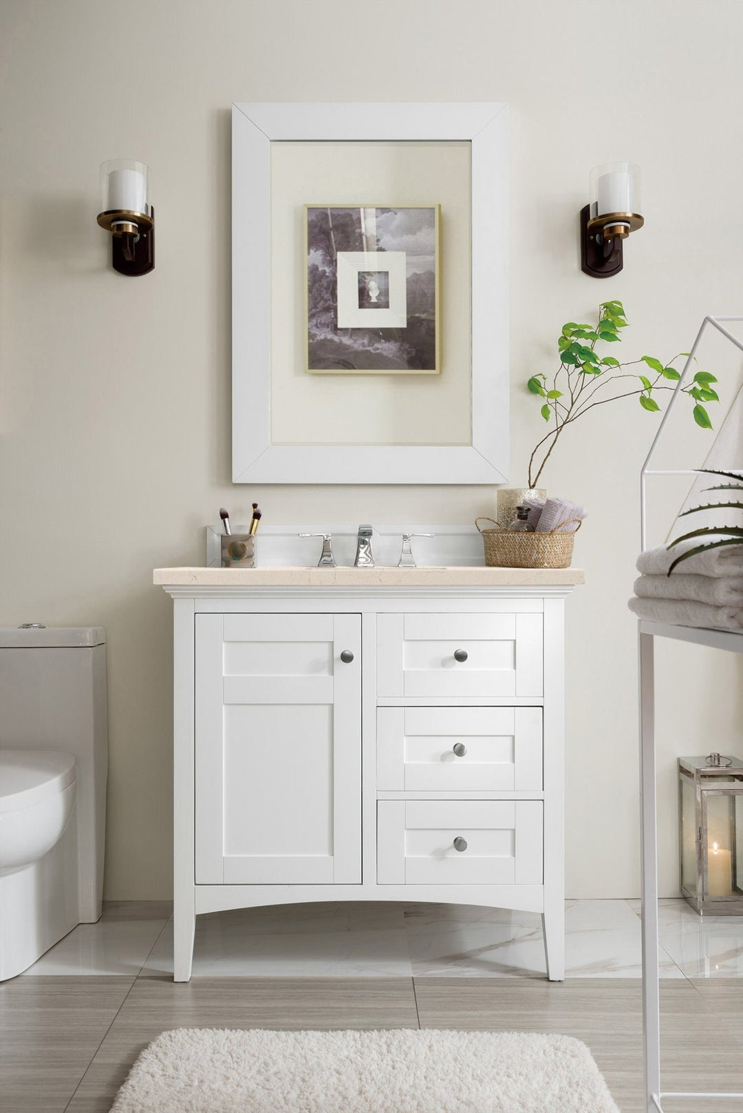 Palisades 36" Single Vanity, Bright White w/ 3 CM Eternal Marfil Silestone Top