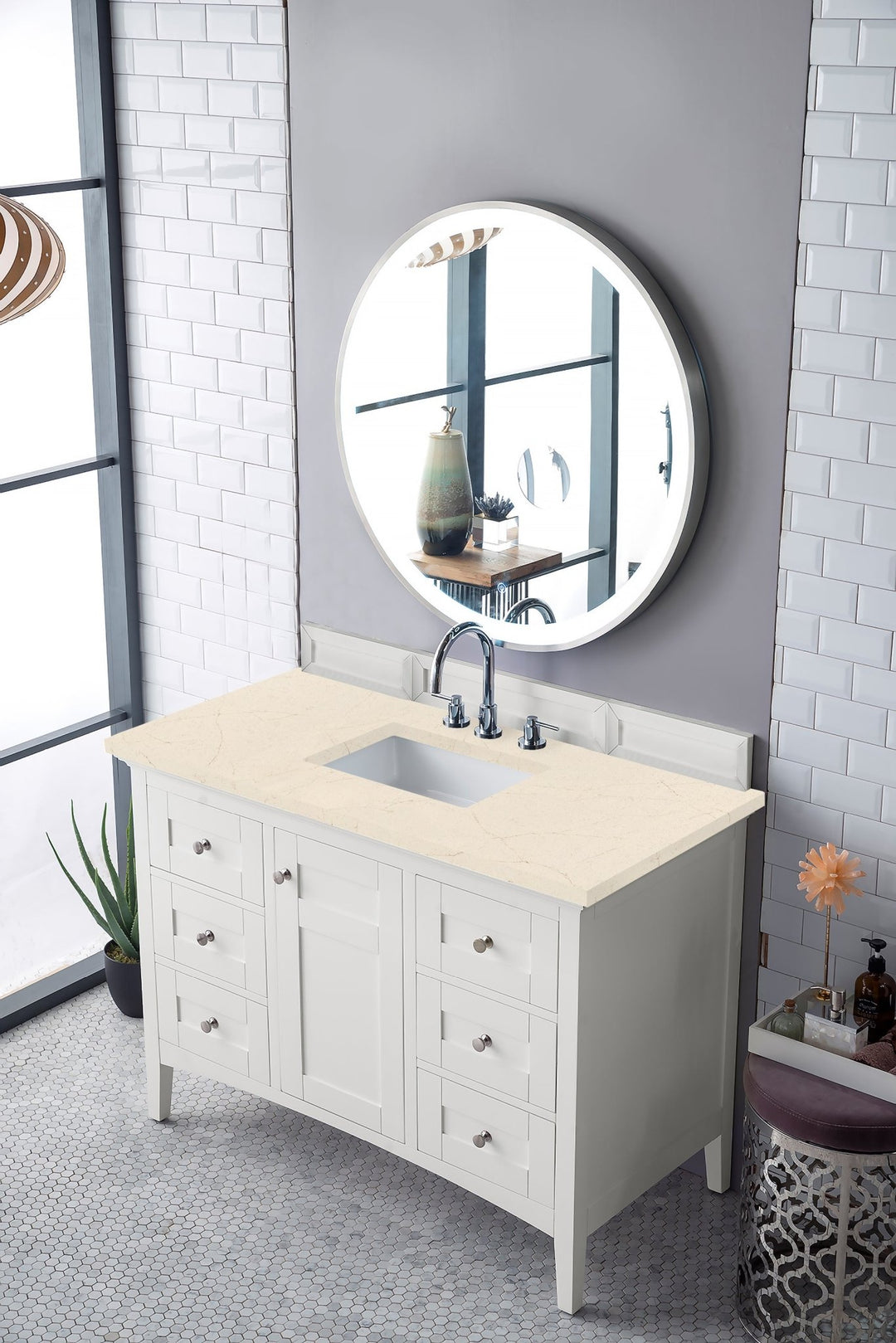 Palisades 48" Single Vanity, Bright White w/ 3 CM Eternal Marfil Silestone Top