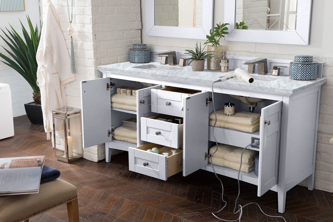 Palisades 72" Double Vanity, Bright White w/ 3 CM Carrara Marble Top