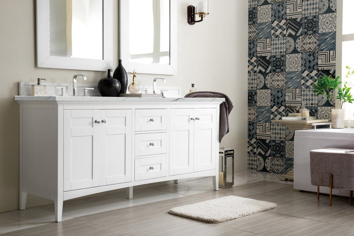 Palisades 72" Double Vanity, Bright White w/ 3 CM Ethereal Noctis Silestone Top