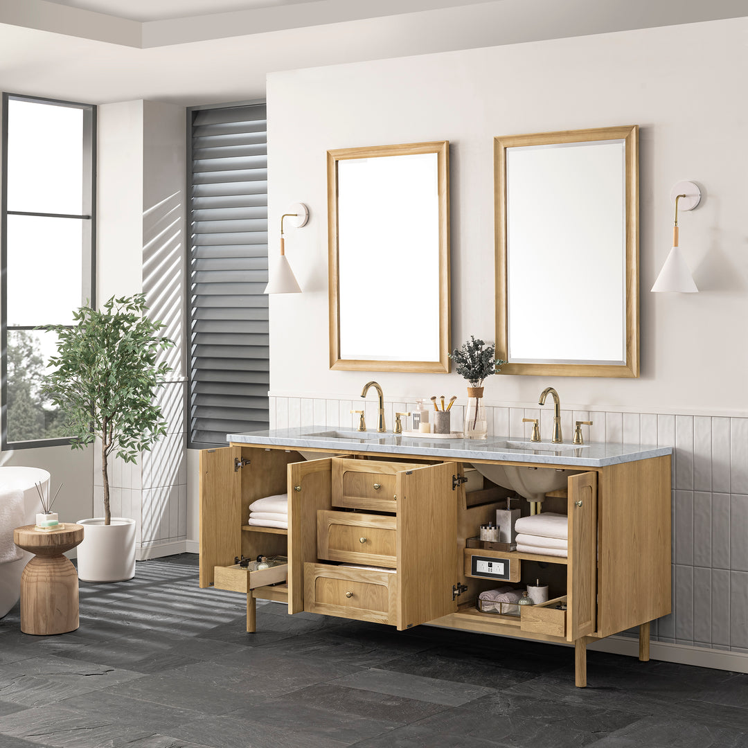 Laurent 72" Double Vanity, Light Natural Oak w/ 3 CM Carrara Marble Top