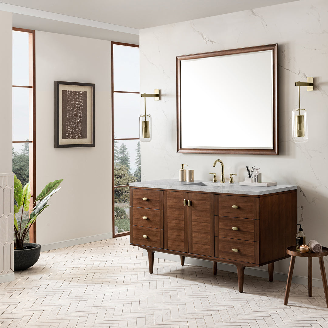 Amberly 60" Single Vanity, Mid-Century Walnut w/ 3 CM Eternal Jasmine Pearl Top w/FreePower Wireless Charger
