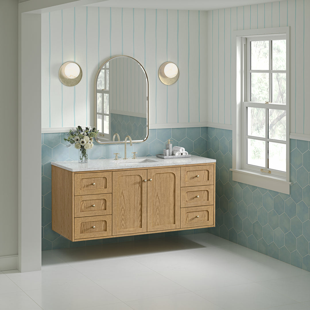 Laurent 60" Single Vanity, Light Natural Oak, w/ 3 CM Eternal Jasmine Pearl Quartz Top