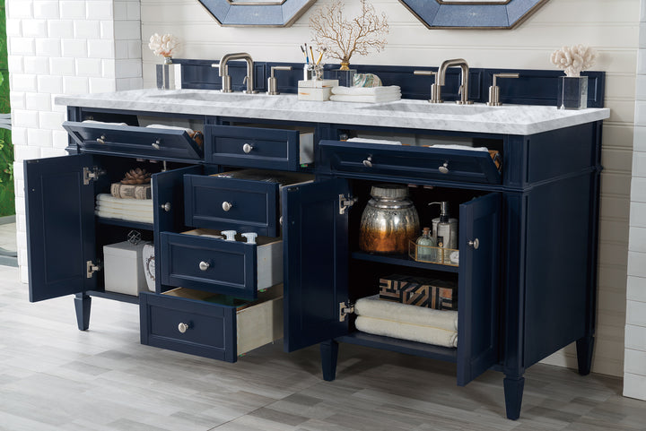 Brittany 72" Double Vanity, Victory Blue w/ 3 CM Carrara Marble Top