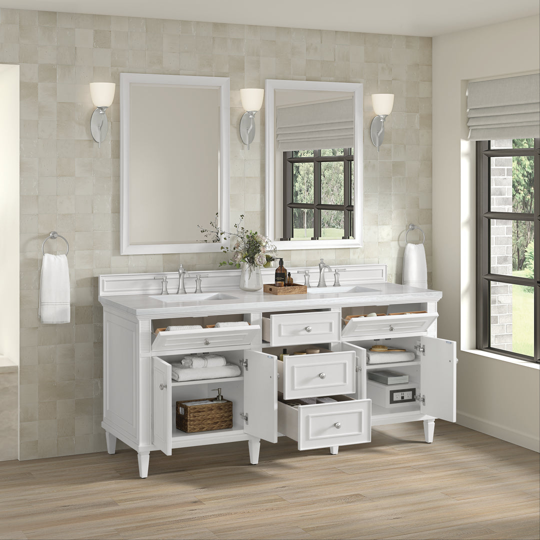 Lorelai 72" Double Vanity, Bright White w/ 3 CM Arctic Fall Solid Surface Top
