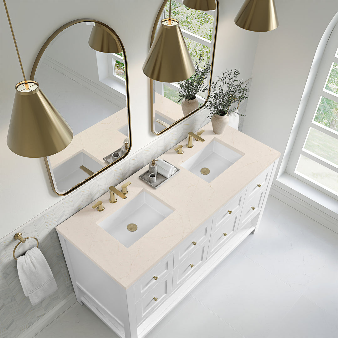 Breckenridge 60" Double Vanity, Bright White, w/ 3 CM Eternal Marfil Quartz Top