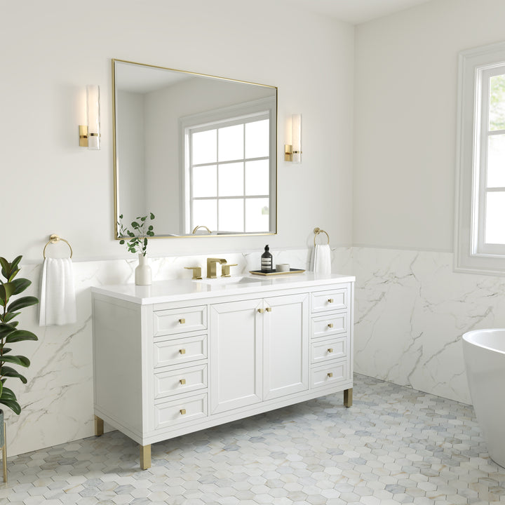 Chicago 60" Single Vanity, Glossy White, w/ 3 CM White Zeus Silestone® Top
