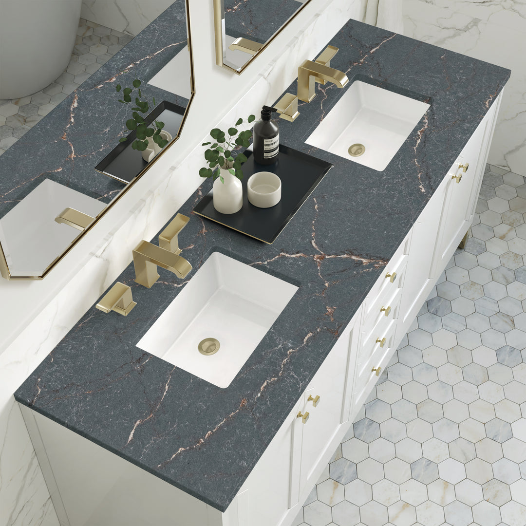 Chicago 72" Double Vanity, Glossy White, w/ 3 CM Parisien Bleu Silestone® Top w/FreePower Wireless Charger