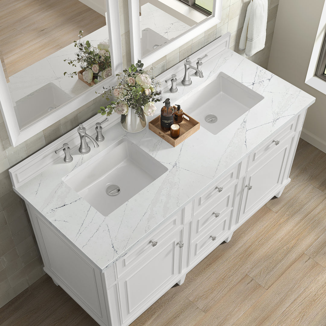 Lorelai 60" Double Vanity, Bright White w/ 3 CM White Zeus Silestone Top