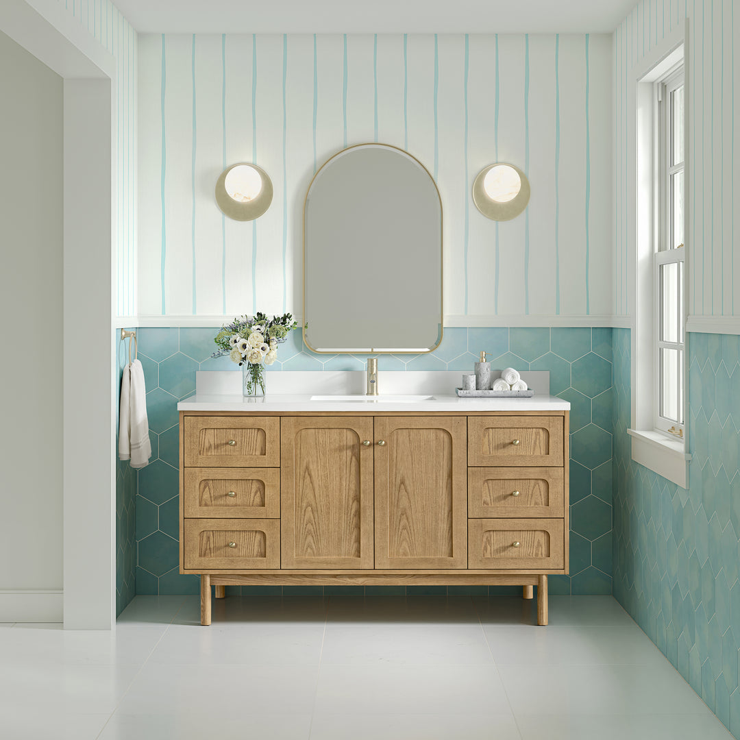 Laurent 60" Single Vanity, Light Natural Oak, w/ Single Hole 3 CM White Zeus Quartz Top & Backsplash