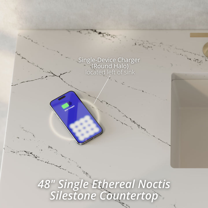 Emmeline 48" Single Vanity, Pebble Oak w/ 3 CM Ethereal Noctis Silestone Top w/ FreePower Wireless Charger