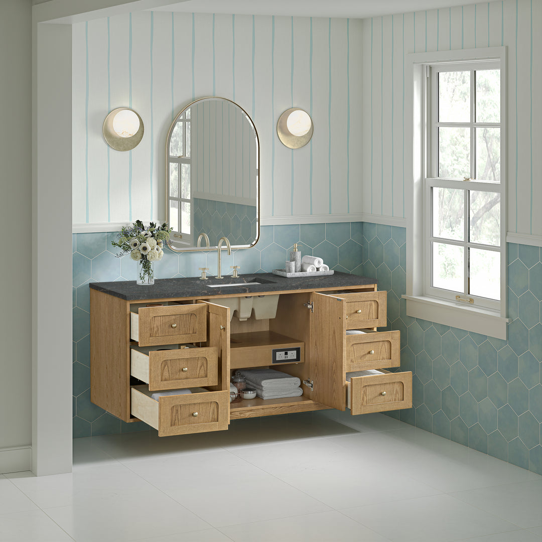 Laurent 60" Single Vanity, Light Natural Oak, w/ 3 CM Parisien Bleu Silestone Top w/ FreePower Wireless Charger