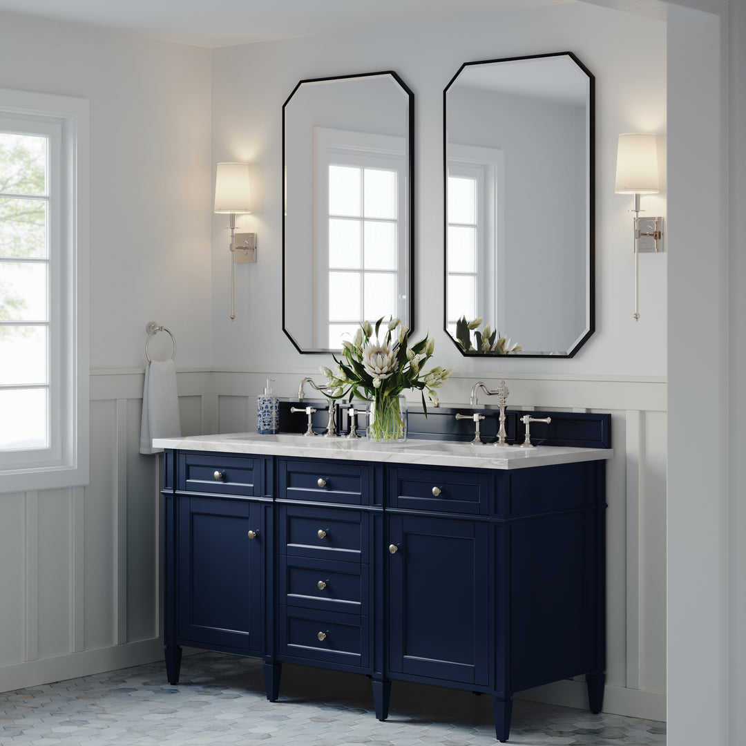 Brittany 60" Double Vanity, Victory Blue w/ 3 CM Victorian Silver Silestone Top w/FreePower Wireless Charger