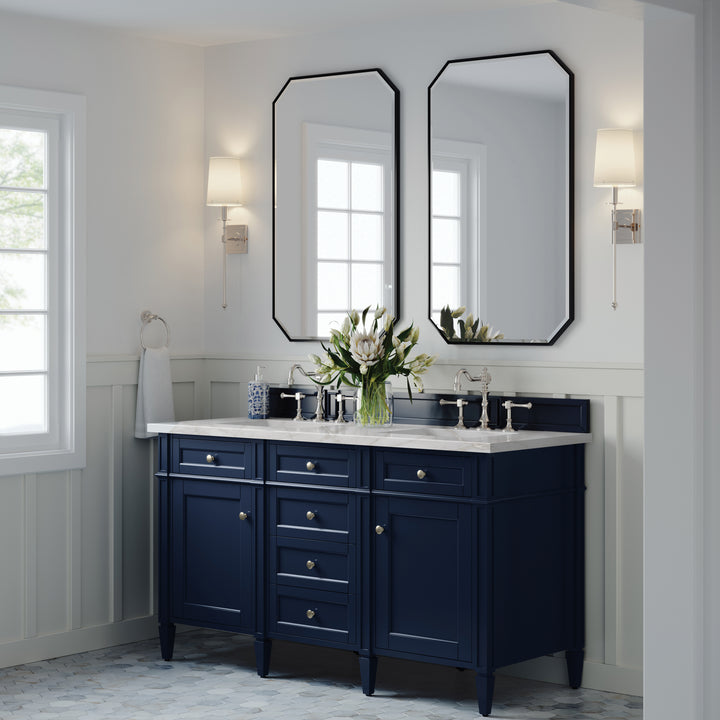 Brittany 60" Double Vanity, Victory Blue w/ 3 CM Victorian Silver Silestone Top w/FreePower Wireless Charger