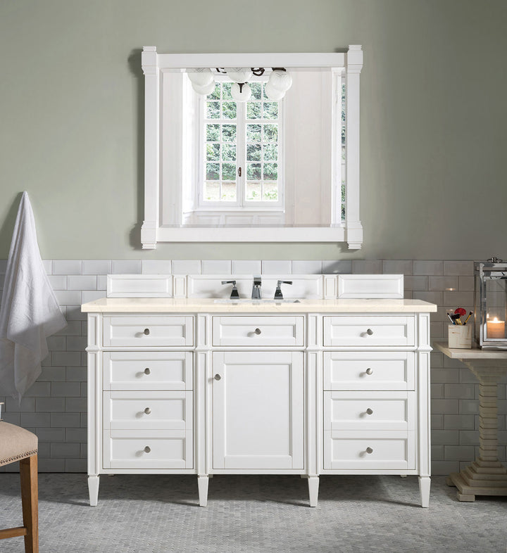 Brittany 60" Single Vanity, Bright White w/ 3 CM Eternal Marfil Silestone Top