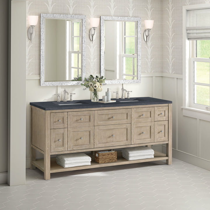 Breckenridge 72" Double Vanity, Whitewashed Oak w/ 3 CM Charcoal Soapstone Silestone Top