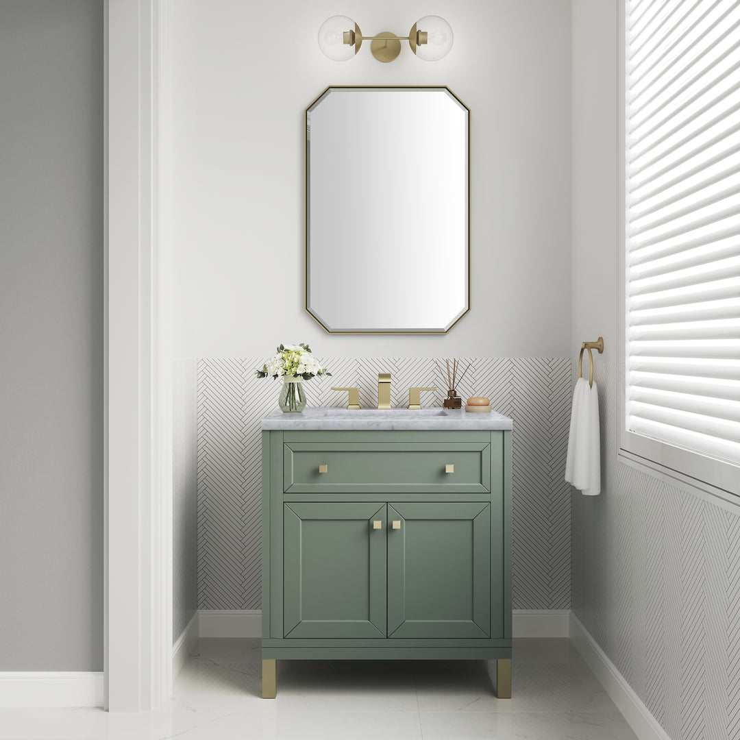 Chicago 30" Single Vanity, Smokey Celadon, w/ 3 CM Carrara Marble Top