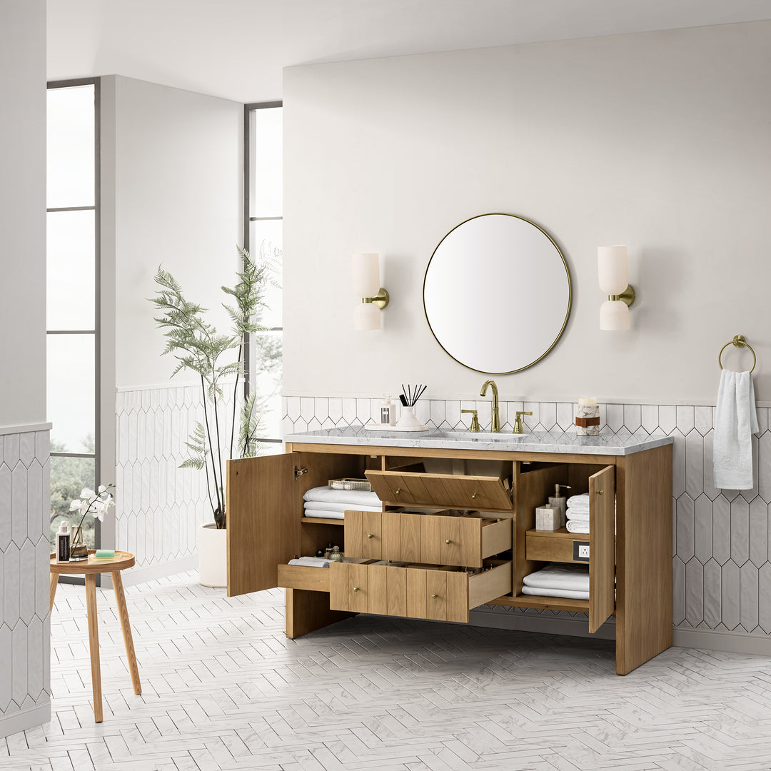Hudson 60" Single Vanity, Light Natural Oak w/ 3 CM Eternal Jasmine Pearl Top w/ FreePower Wireless Charger